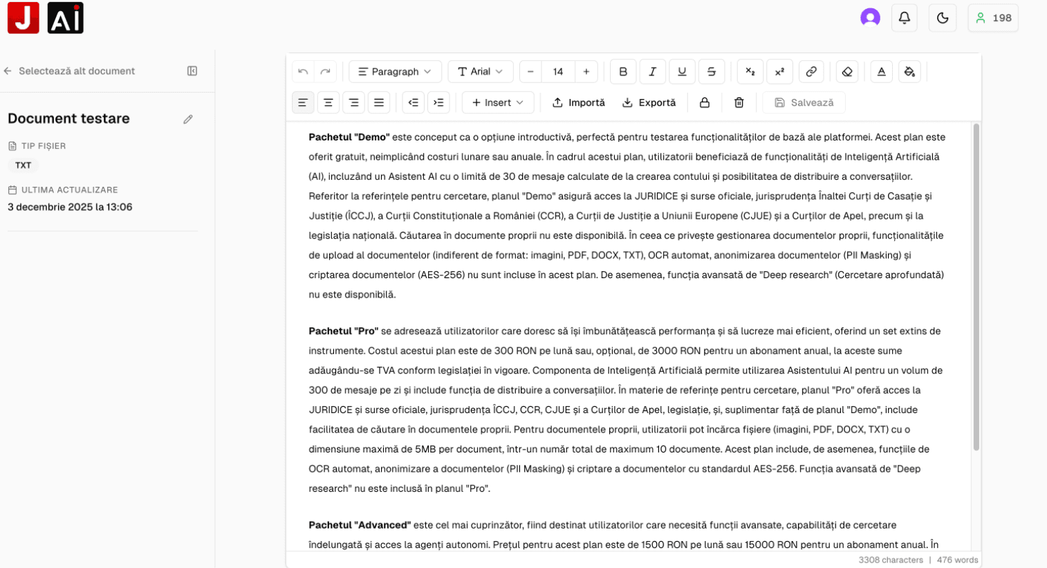 Interfața Juridice AI Editor