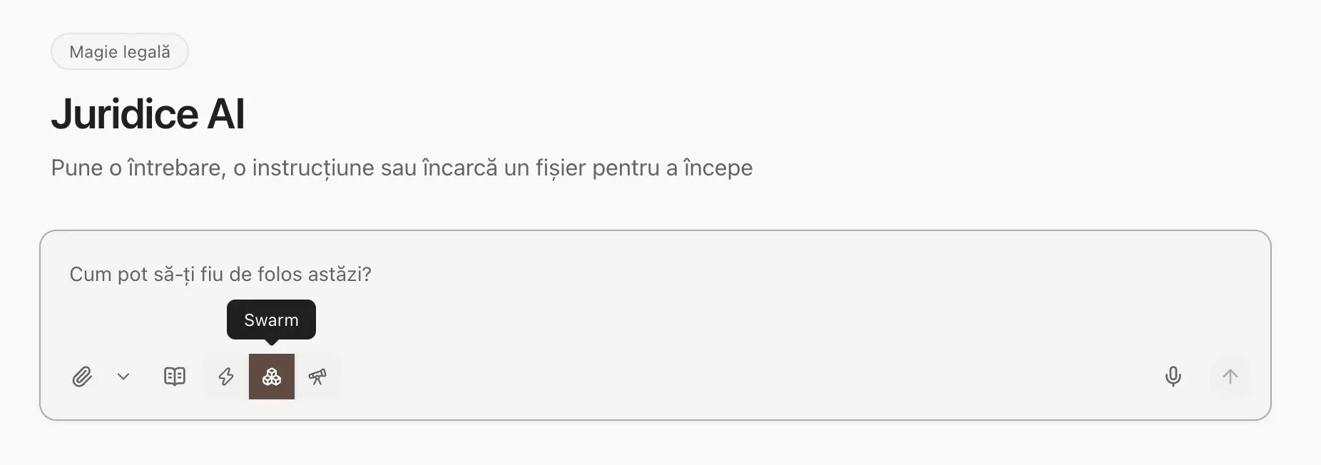 Comutatorul modului Swarm din caseta de introducere a mesajului Juridice AI