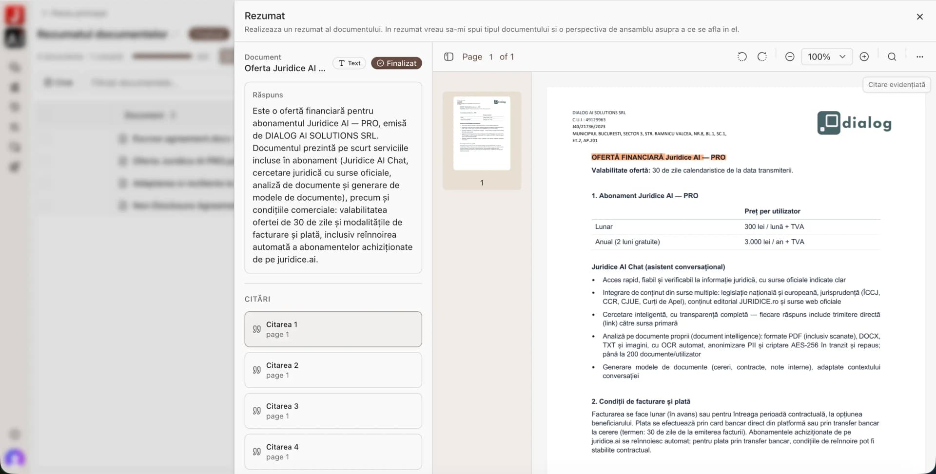 Previzualizare document și citări în Tabular Review