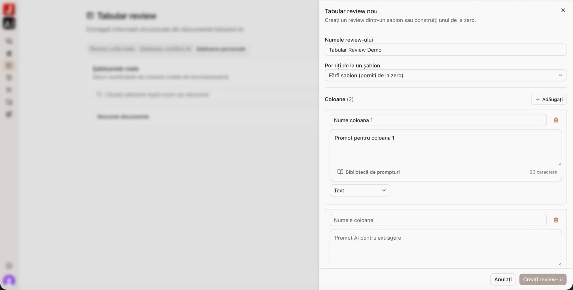 Creare Tabular Review de la zero