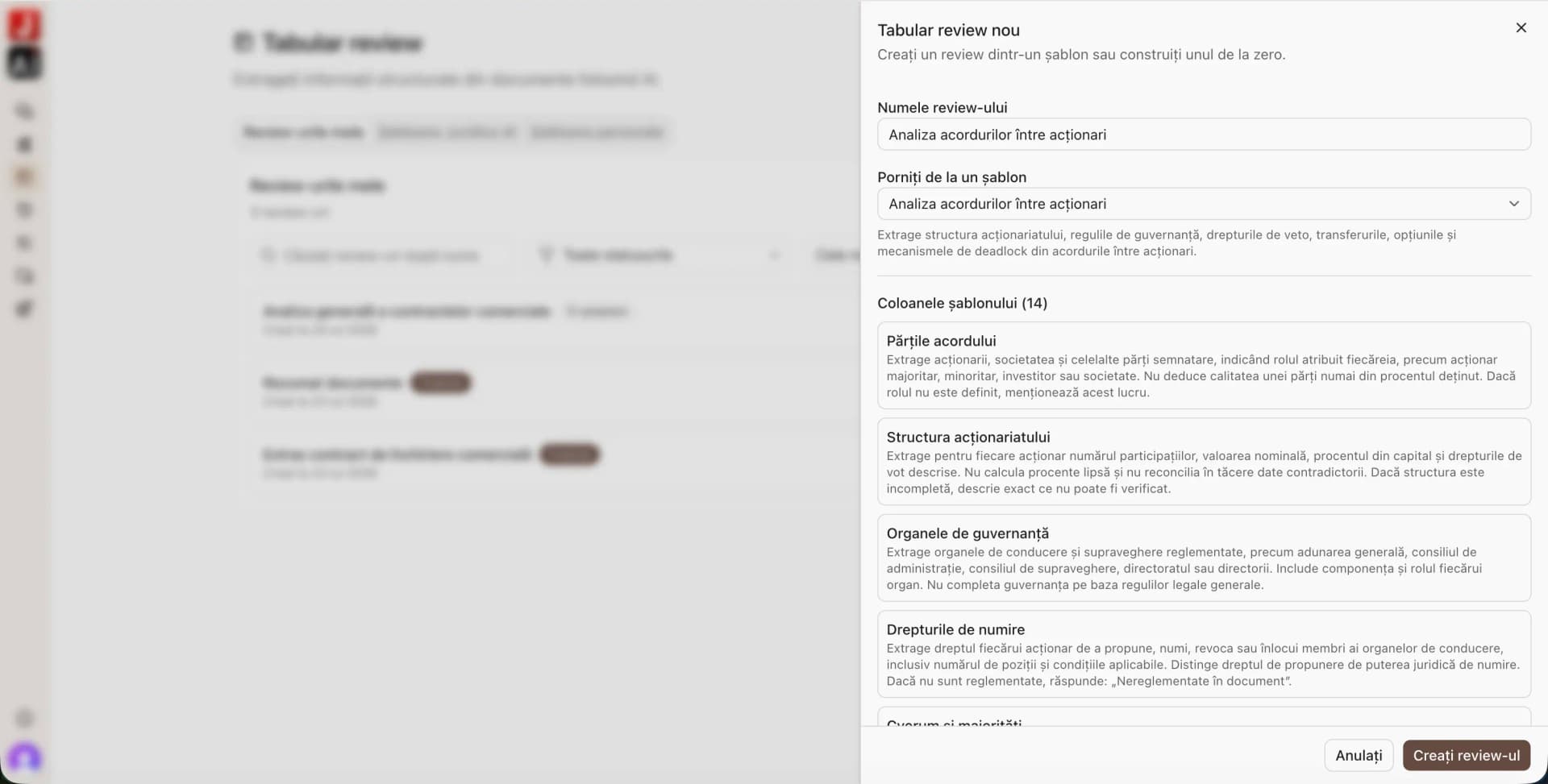 Creare Tabular Review din șablon