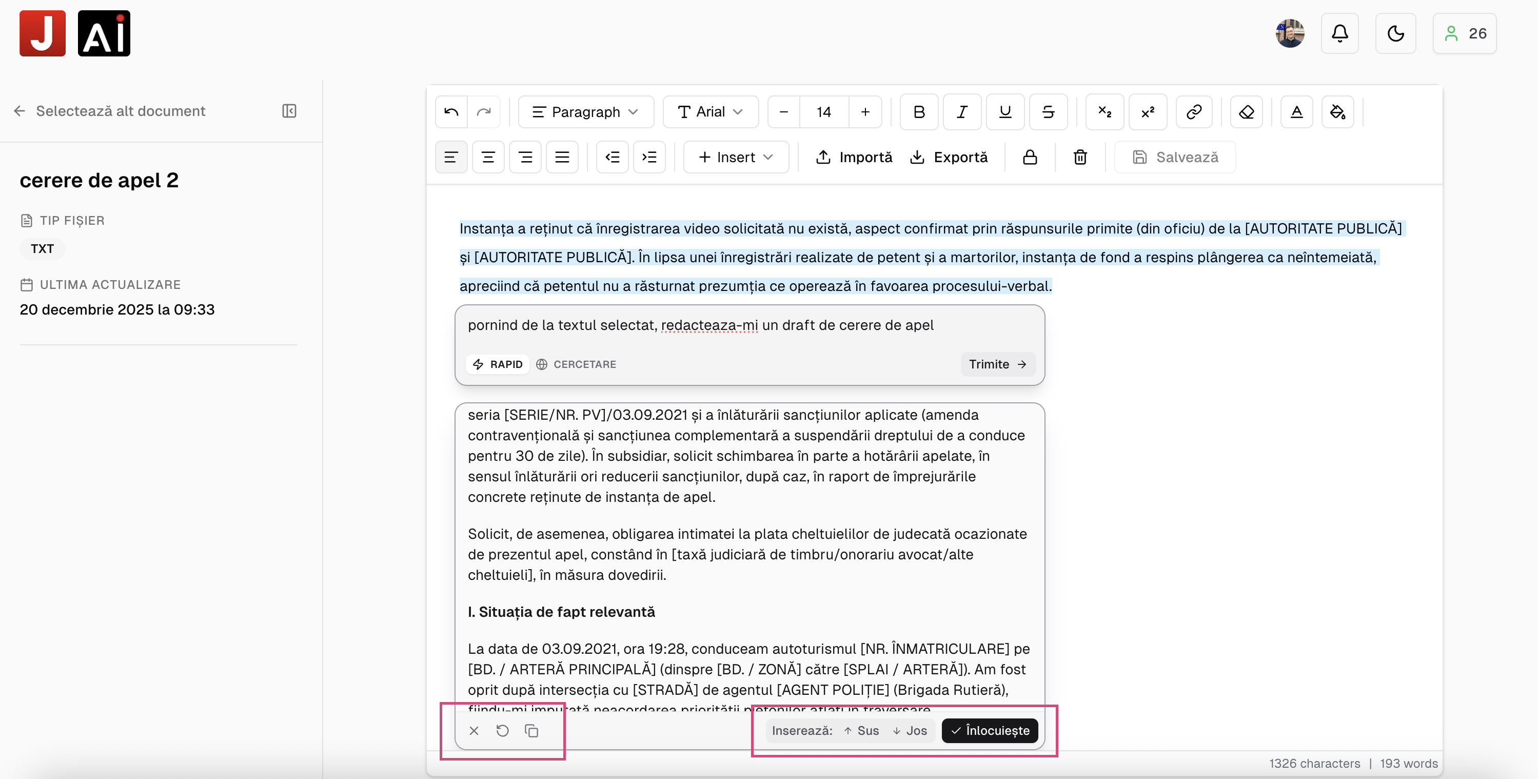 Rezultat AI în editor