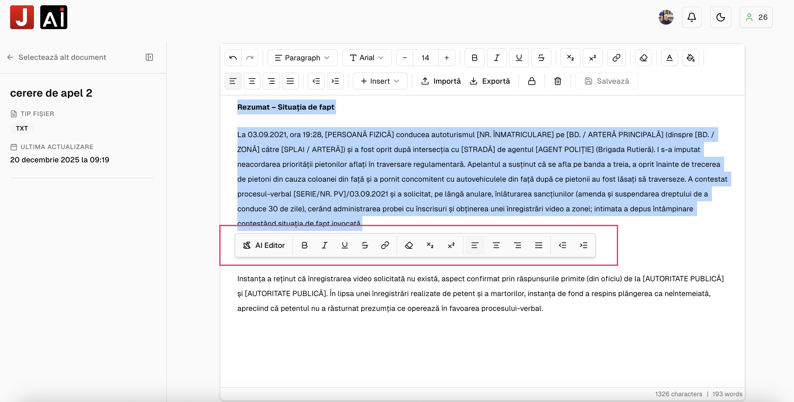 Meniu contextual editor