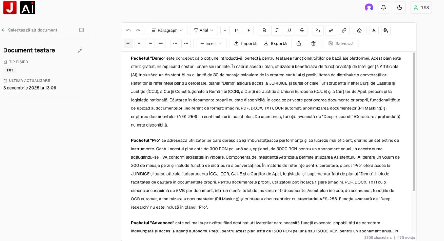 Interfața Juridice AI Editor