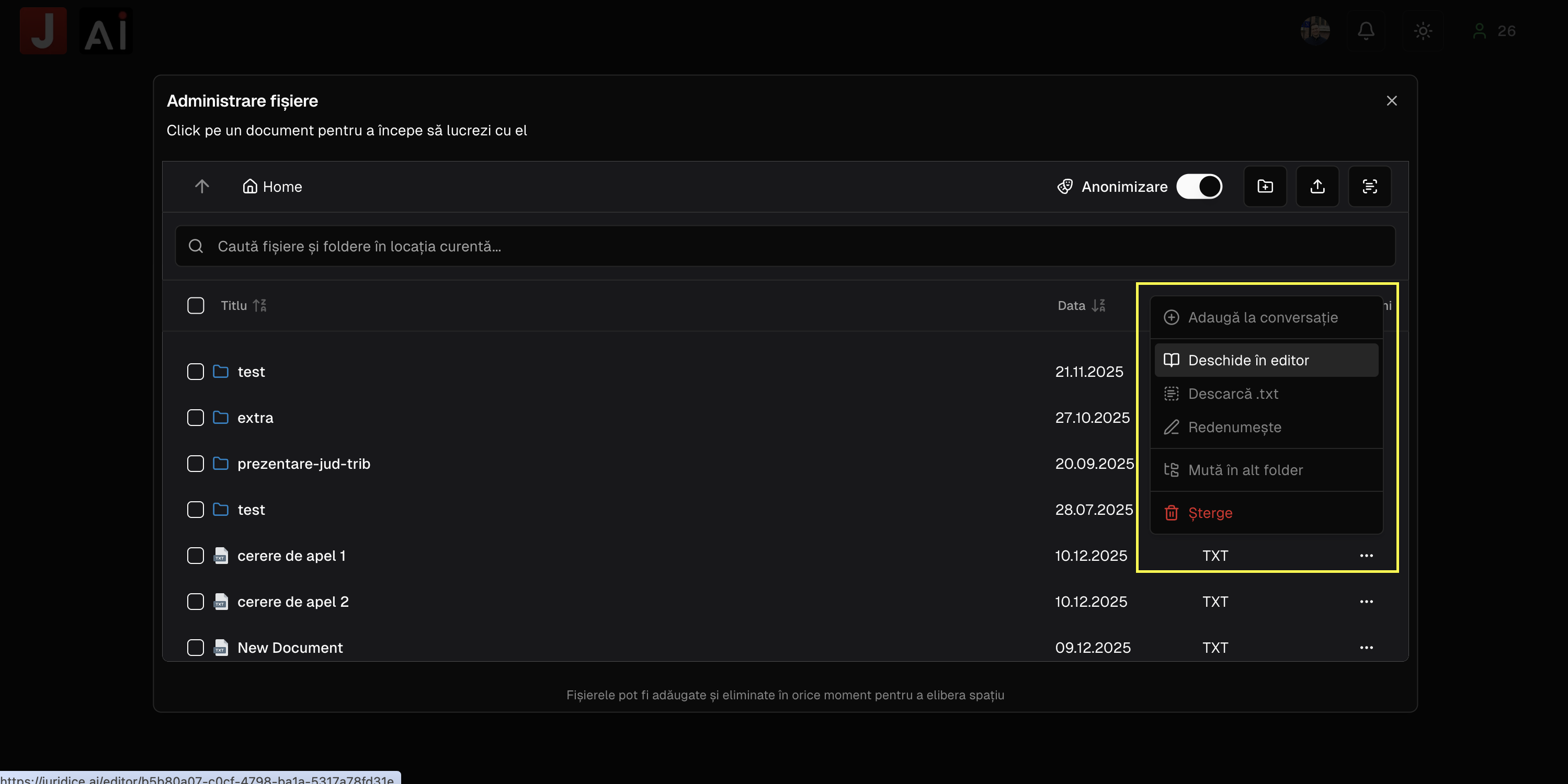 Deschidere fișier în editor