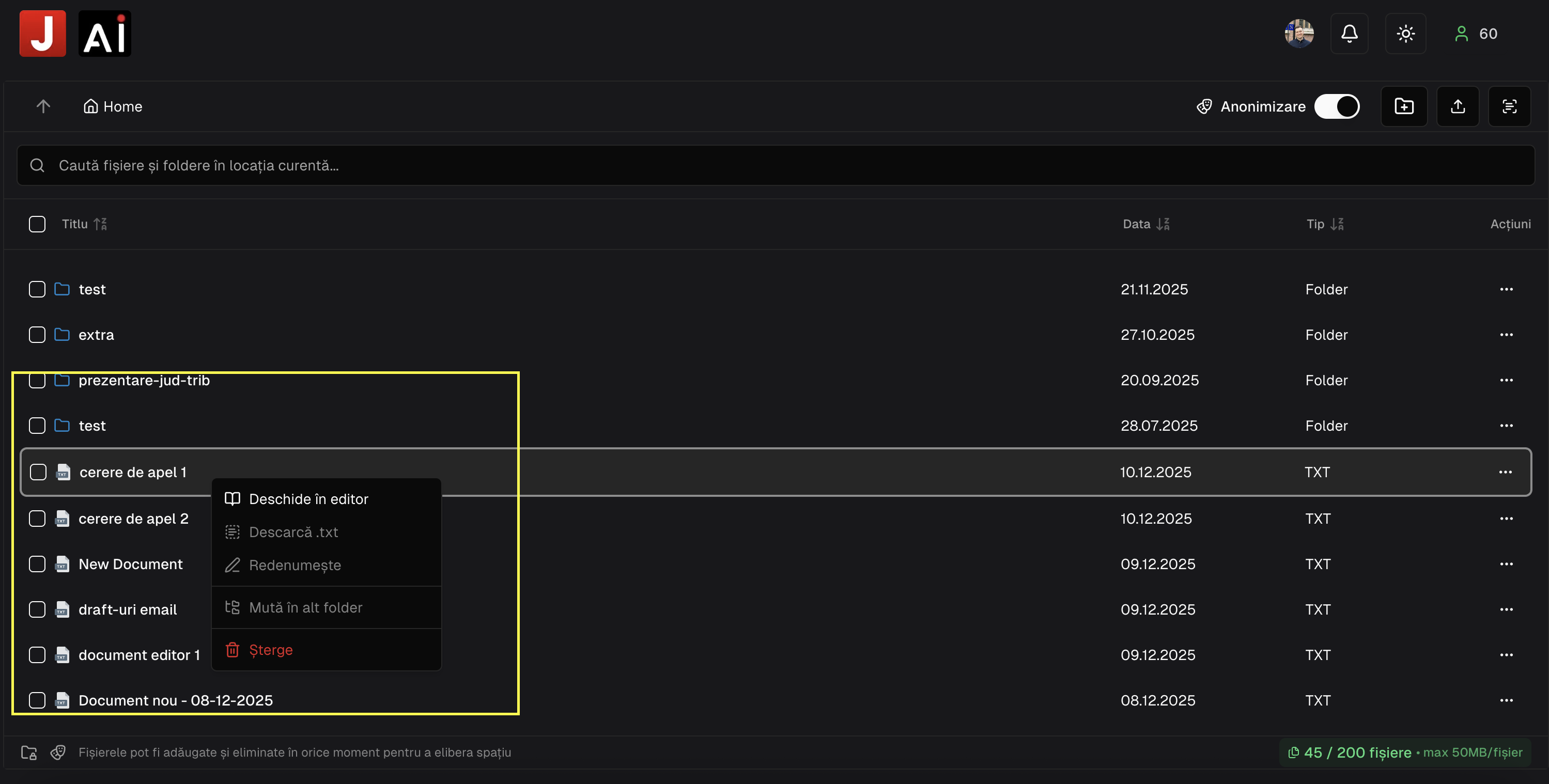 Optiuni multiple fișiere