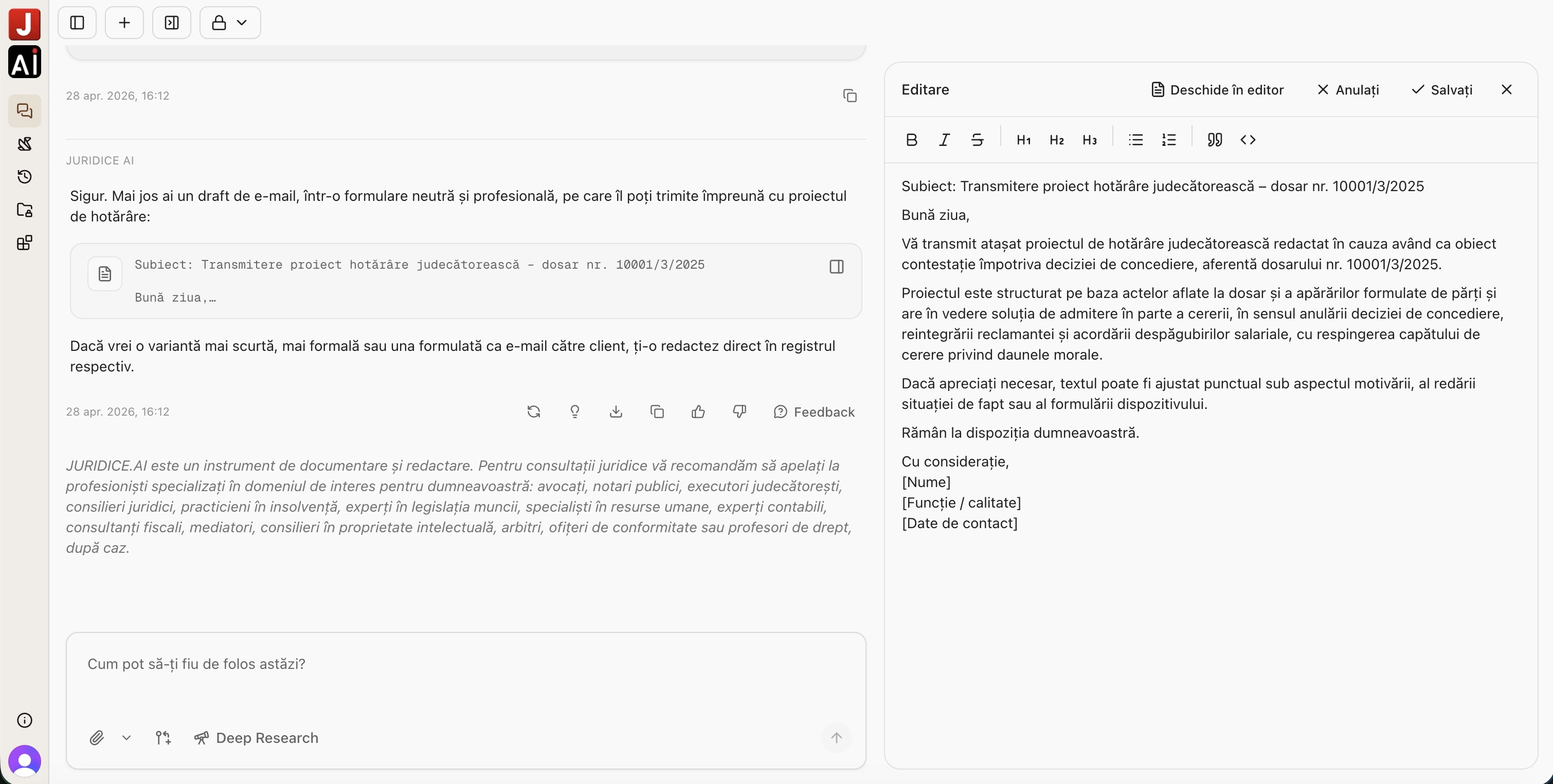 Editare document în panoul lateral
