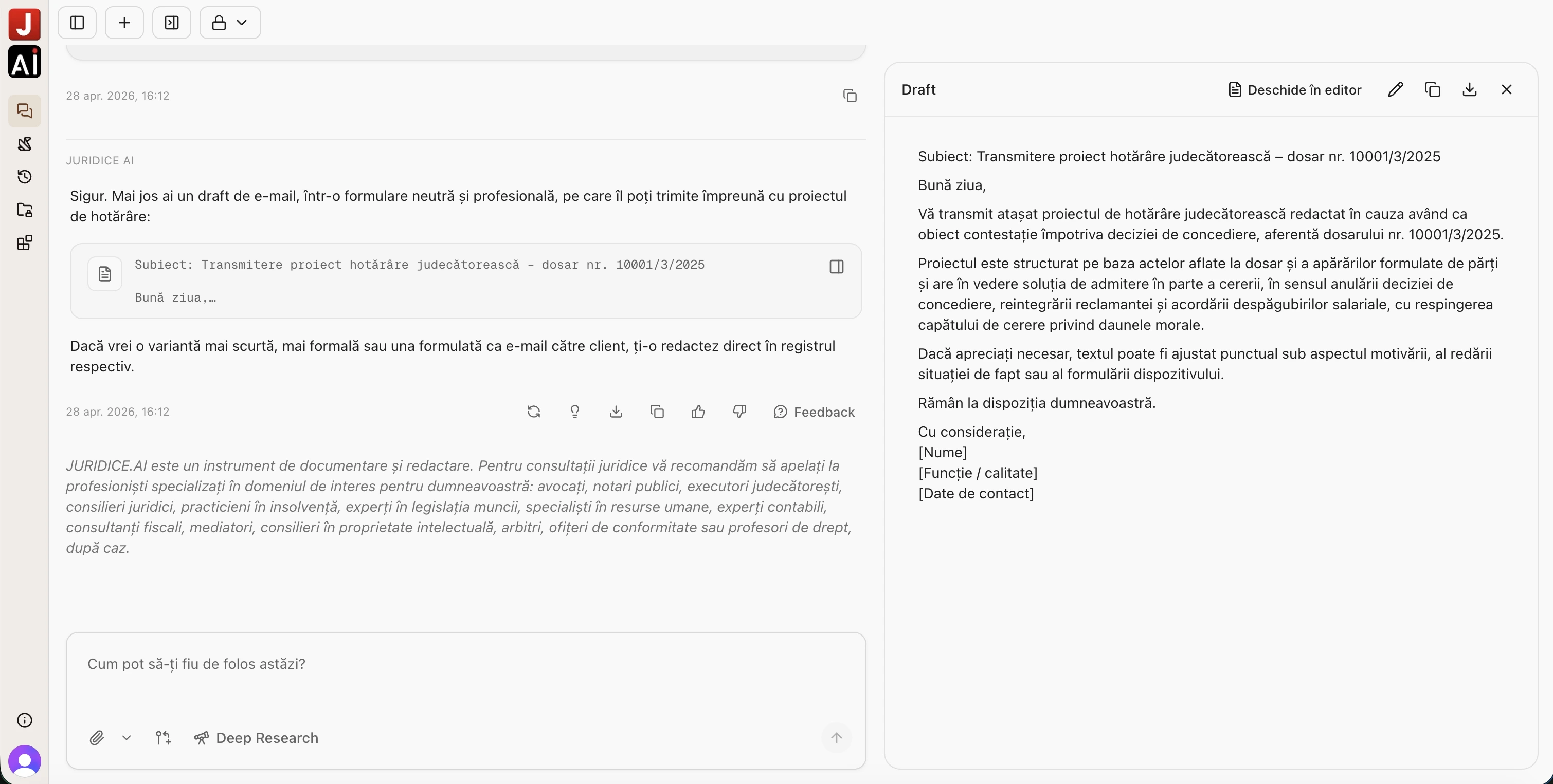 Document redactat în panoul lateral